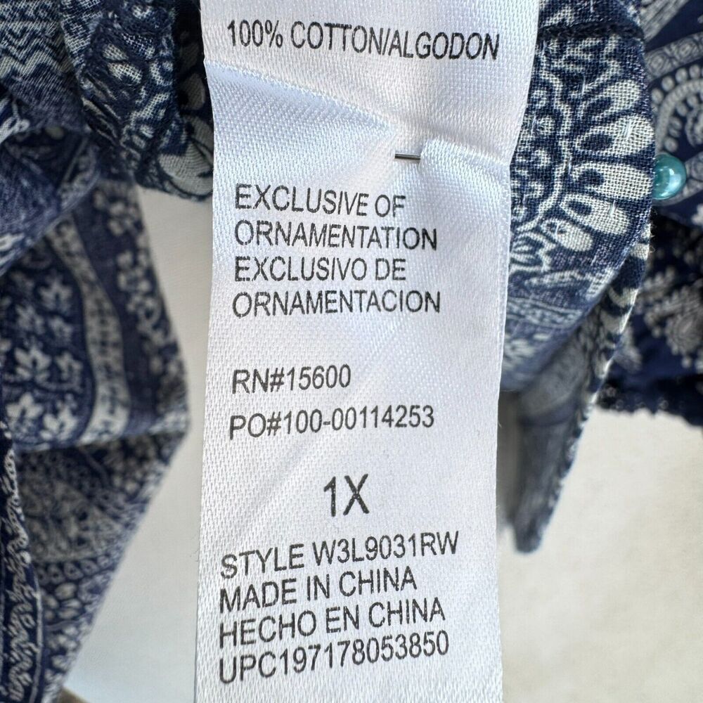 Democracy Top Patchwork Paisley Print Women Sze 1X Blue 3/4 Sleeve Blouse Boho - Picture 7 of 10